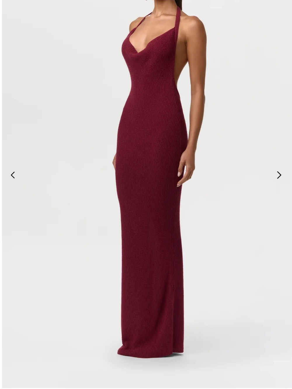 naked wardrobe Burgundy Backless Ribbed Halter Maxi Dress